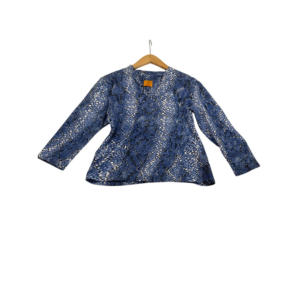 Ruby Rd Petite Blue Snakeskin Print Studded V-Neck 3/4 Sleeve Top 43358